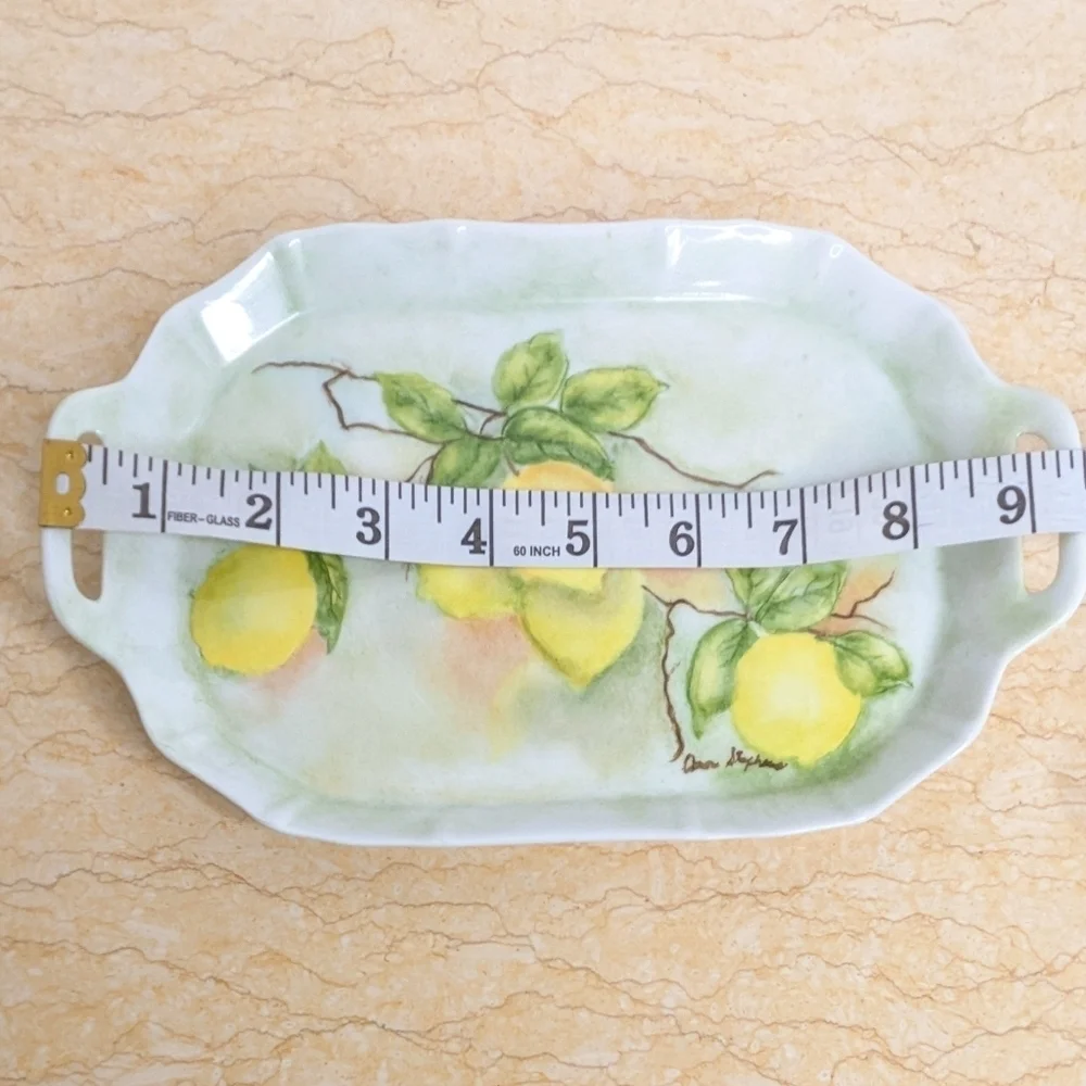 Vintage Hand Painted Small Lemon White Signed Porcelain Handled Trinket Tray